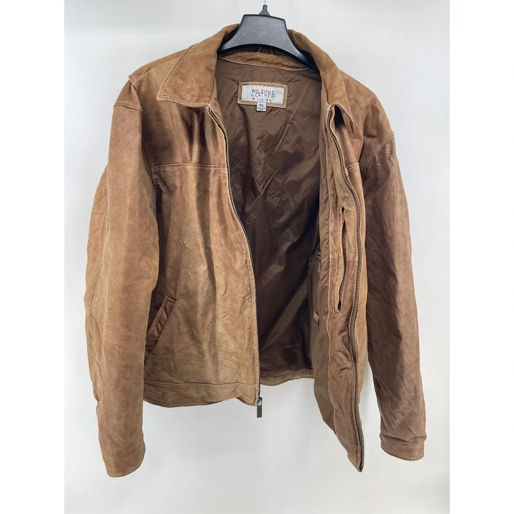 Wilsons Leather M Julian Mens XL Tan Suede Full Zip Bomber Jacket Brown Coat
